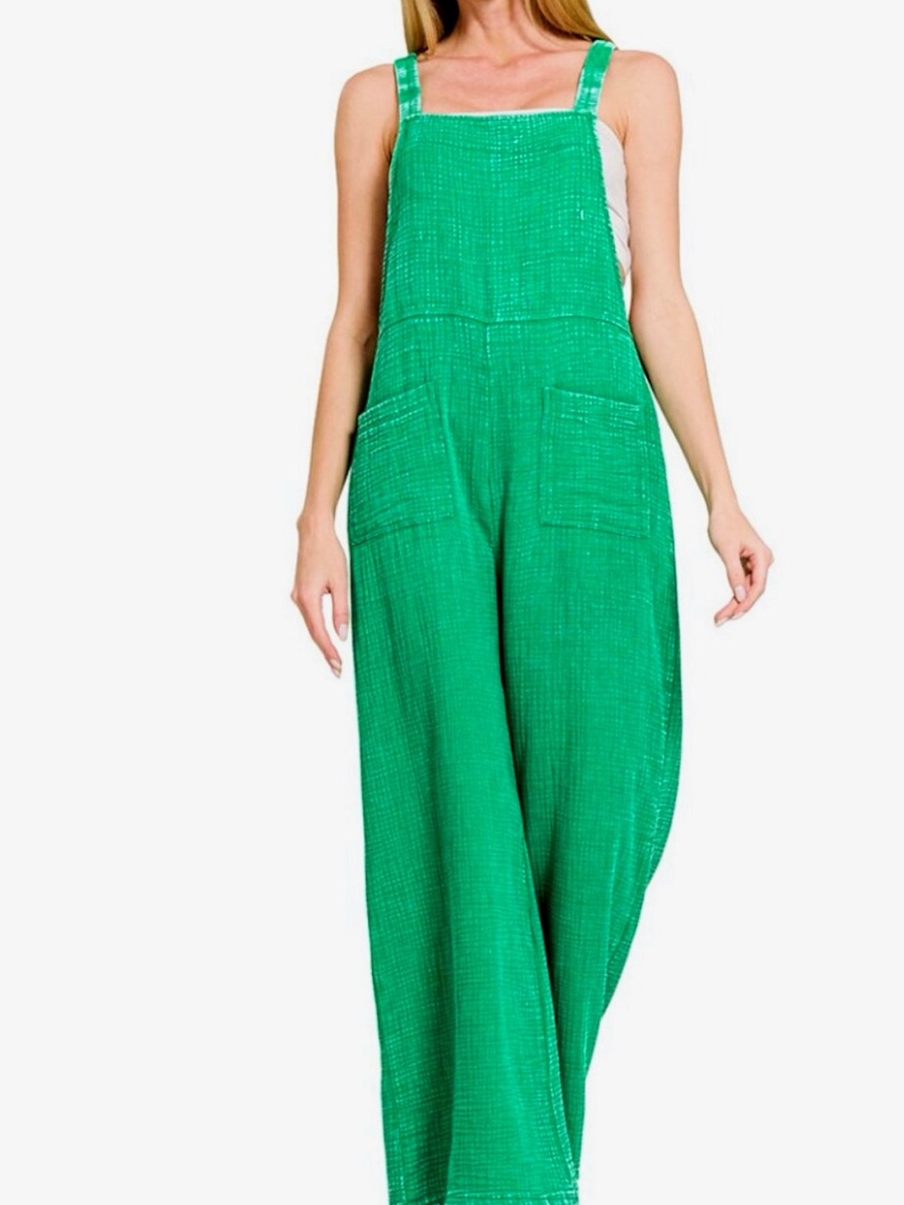Zenana Outfitters Dark Kelly Green Gauze Wide-Leg Jumpsuit